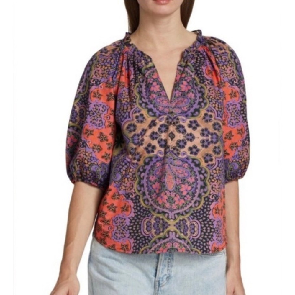 Xirena Jules Top Womens Size M Cotton Paisley Floral Puff Sleeve Blouse Purple